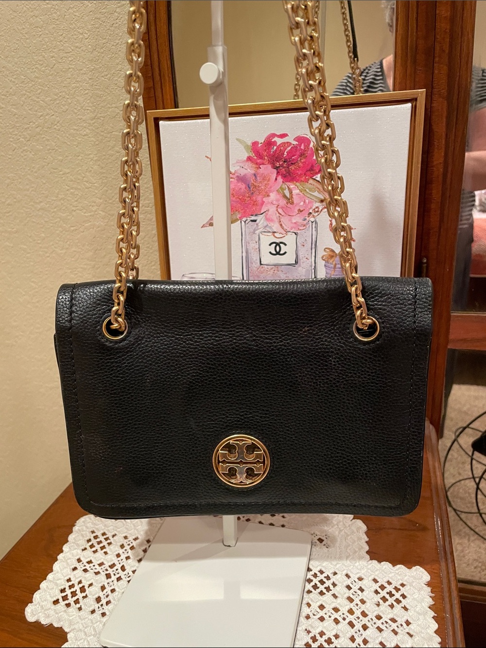 Black Leather Chain Shoulder Bag with Gold Logo Accent